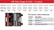 Cougar Pro Socket Wrench Set 3/8" Drive SAE 21 Pieces A34