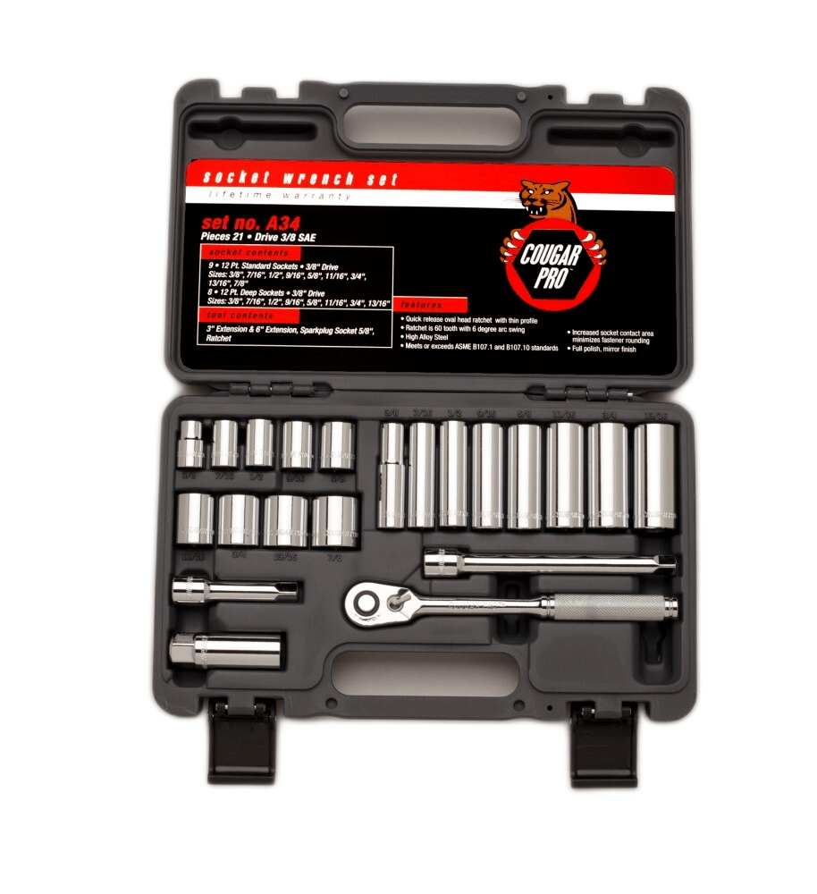 Cougar Pro Socket Wrench Set 3/8" Drive SAE 21 Pieces A34