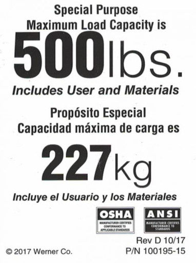 Duty Rating Label only - 500 lb