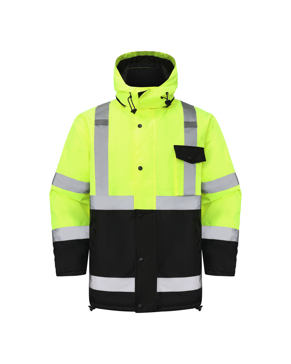 Kiwi High Visibility Hooded & Quilt Lined ANSI/ISEA 107-2020, Type R, Class 3 Two Tone Water Resistant Neon Safety Jacket [71300]