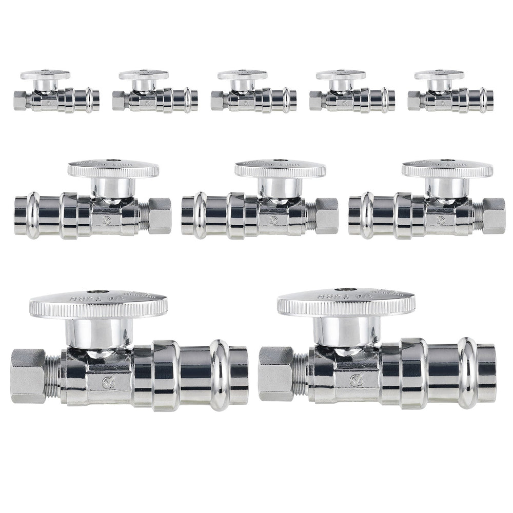 10 Pcs 1/2" Press x 3/8" OD Compr. Straight Stop Valve, 1/4 Turn (Lead Free)