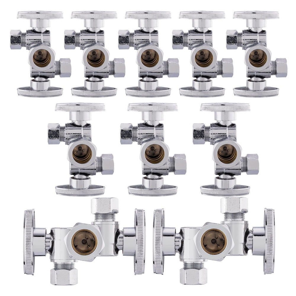 10 Pcs 5/8" OD Compr. x 3/8" OD Compr. x 3/8" OD Compr. Dual Stop Valve, 1/4 Turn (Lead Free)