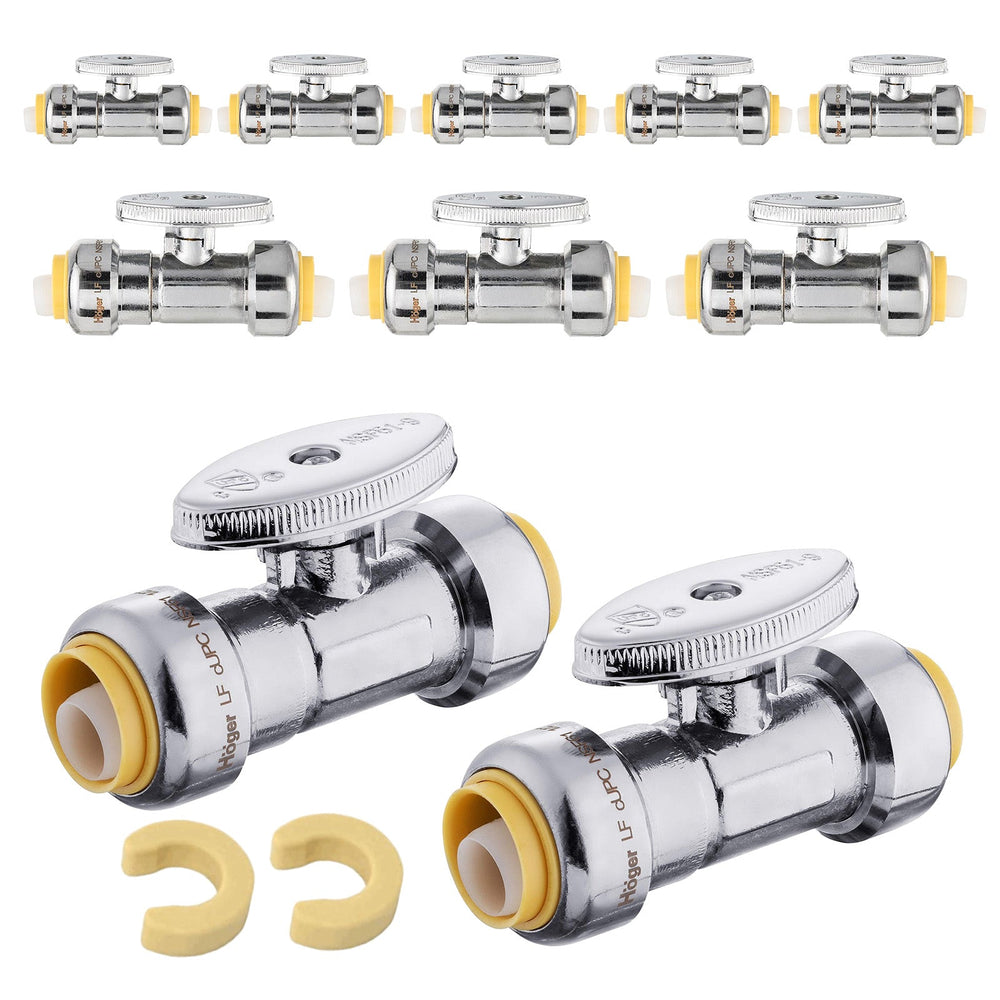 10 Pcs 1/2" Push Connect x 1/2" Push Connect Straight Stop Valve, 1/4 Turn (Lead Free)