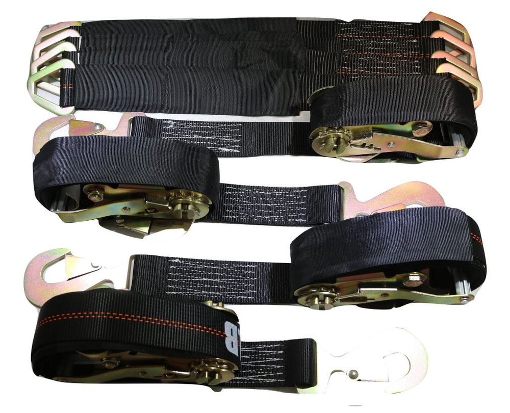 Qty 4 Axle Strap Tie Downs 24" Long & Qty 4 Ratchet Tow Straps Car Haulers, BLACK | R208ATDBK/AS24BK