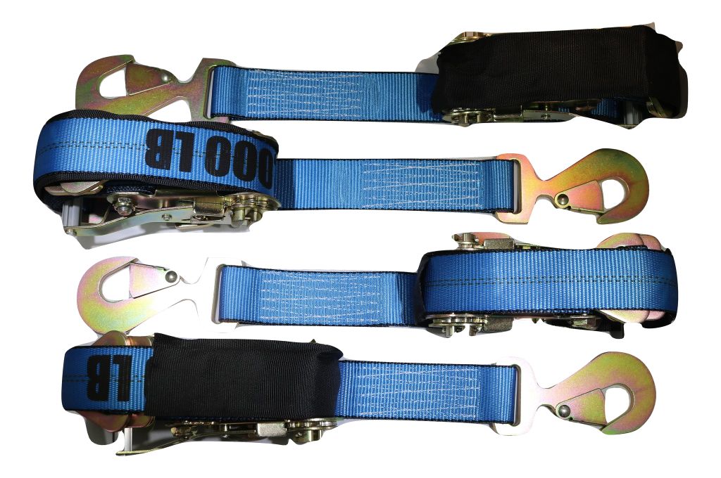 Axle Strap Tie Downs 24" Long & Qty 4 Ratchet Tow Straps Car Haulers, BLUE | 4 PACK
