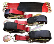 Qty 4 Axle Strap Tie Downs 24" Long & Qty 4 Ratchet Tow Straps Car Haulers | RED
