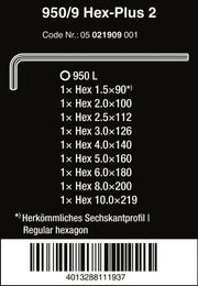 Wera 950/9 Hex-Plus 2 L-Key Set Chrome Plated Metric 9 Pieces 05021909001