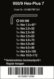 Wera 950/9 Hex-Plus 7 L-Key Set Metric 9 Pieces 05021737001